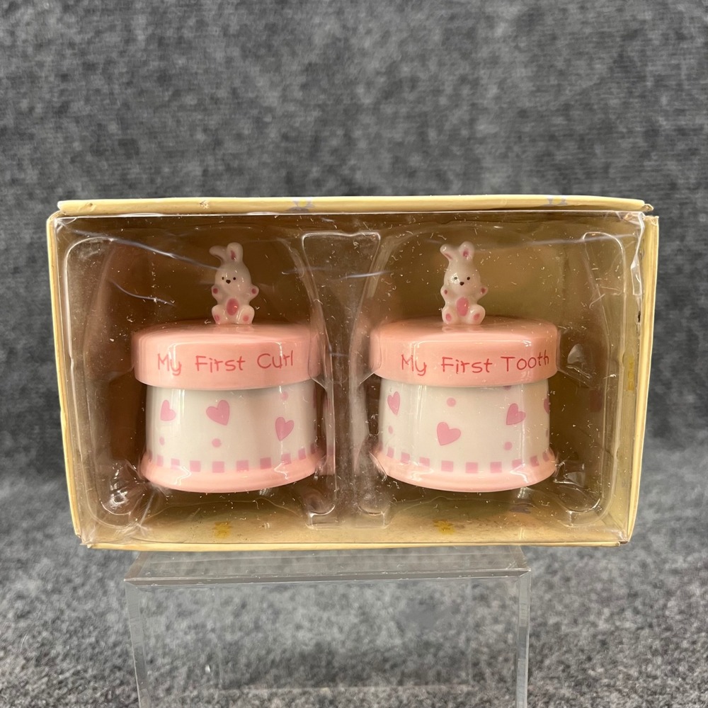 Widdle Ones Baby's First Tooth/Curl Keepsake Box Set Ceramic Pink Rabbits